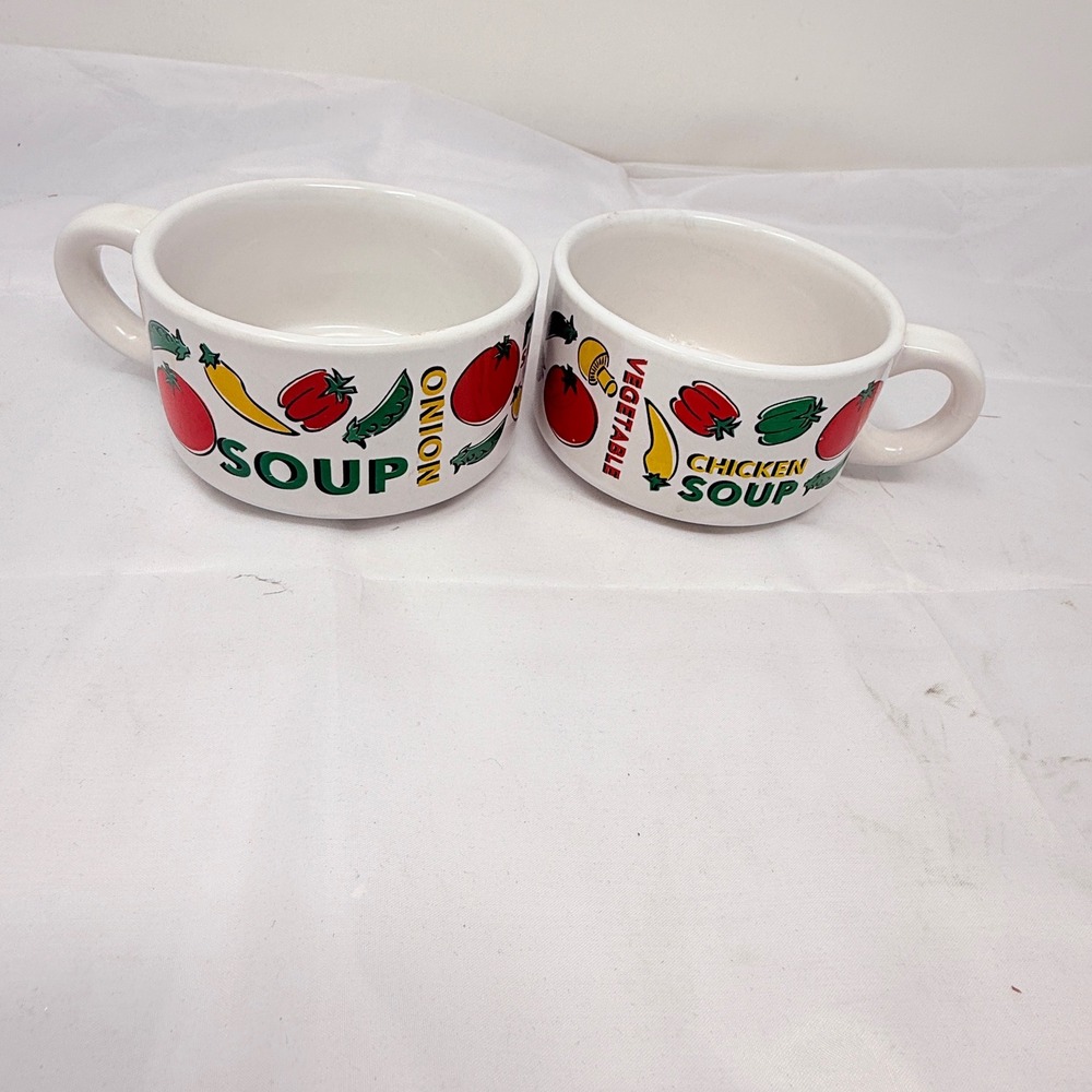Houston Harvest Ceramic Soup Mugs Set of 2 Vegetable Graphics White Retro 4 inch